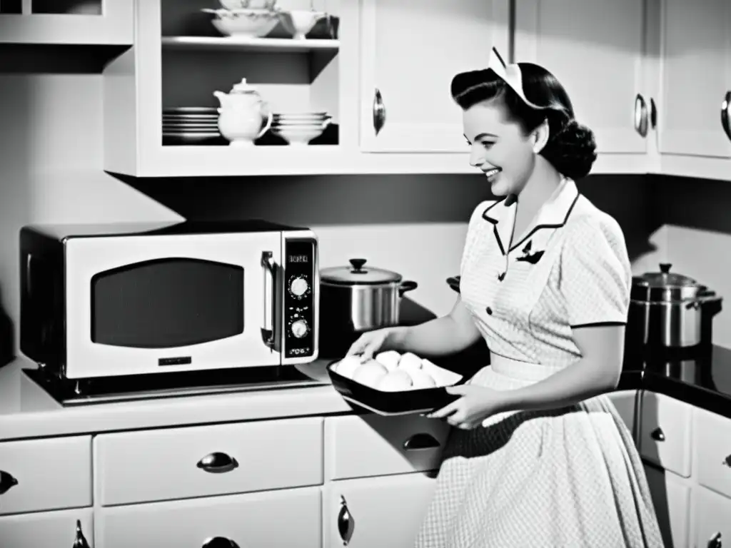 Una fotografía vintage en blanco y negro de una cocina de los años 50 con un moderno microondas