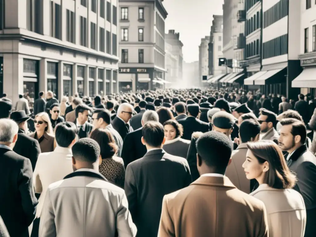 Una fotografía en blanco y negro de una concurrida calle de la ciudad, donde las personas están absortas en sus teléfonos, ilustrando el impacto de las redes sociales en la desconexión societal