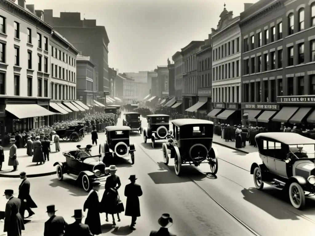 Una fotografía en blanco y negro detallada de una bulliciosa escena de la calle de una ciudad del siglo XX temprano, con personas vestidas a la moda antigua y carros de caballos y automóviles tempranos