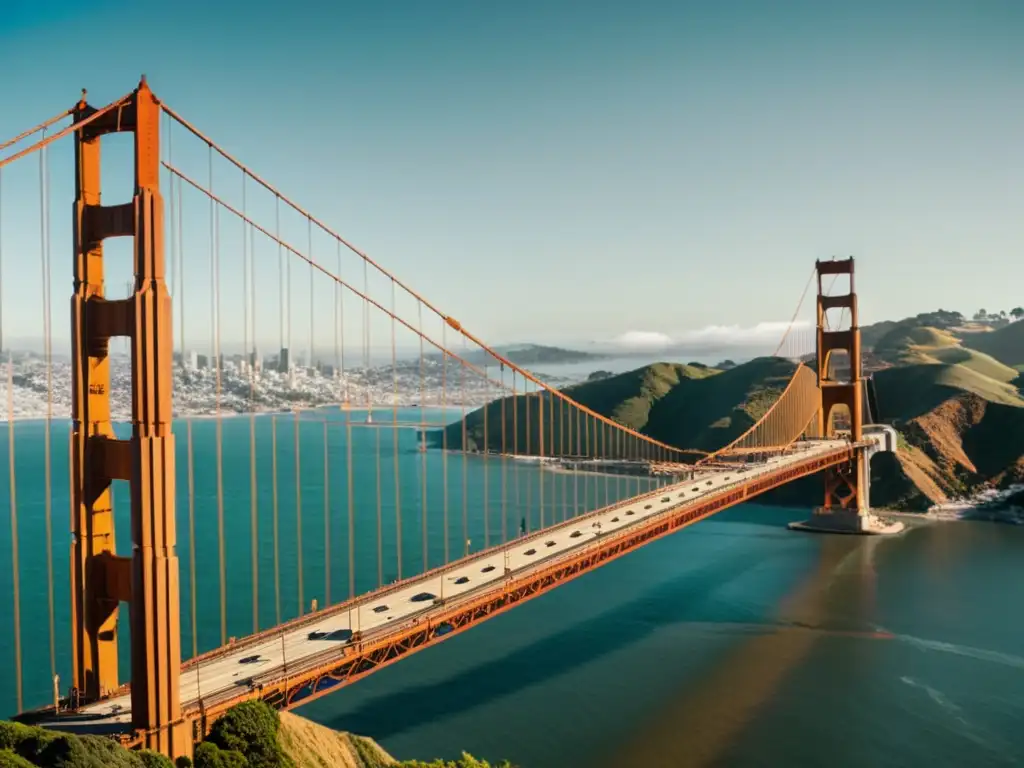 Una fotografía en blanco y negro del Puente Golden Gate en San Francisco, destacando sus detallados cables de suspensión y su elegante arco