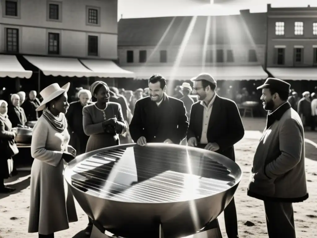 Una fotografía vintage en blanco y negro muestra a un grupo de personas alrededor de una gran cocina solar en un bullicioso mercado