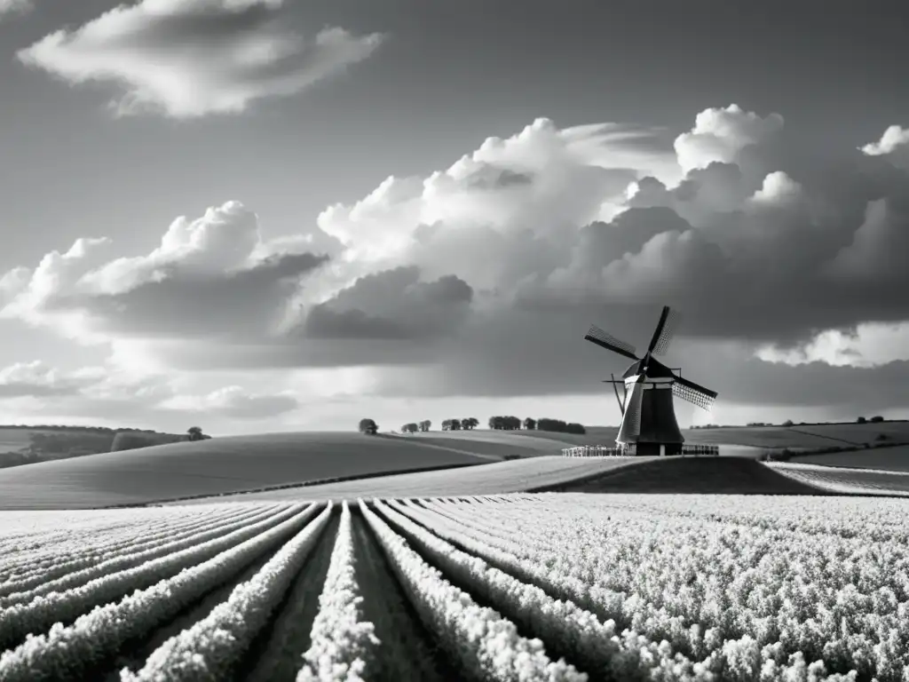 Una fotografía vintage en blanco y negro de un paisaje vasto con un solitario molino de viento