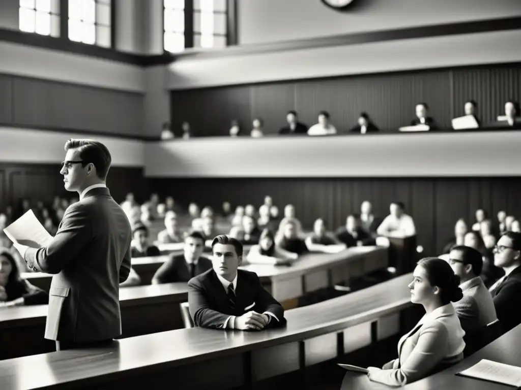 Una fotografía en blanco y negro muestra una sala de conferencias llena de estudiantes atentos, con el profesor en primer plano