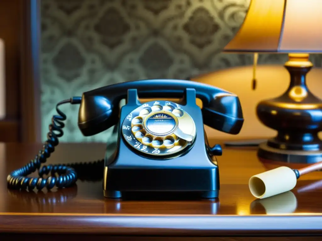 Una fotografía en blanco y negro de un teléfono inalámbrico vintage sobre un escritorio de madera pulida