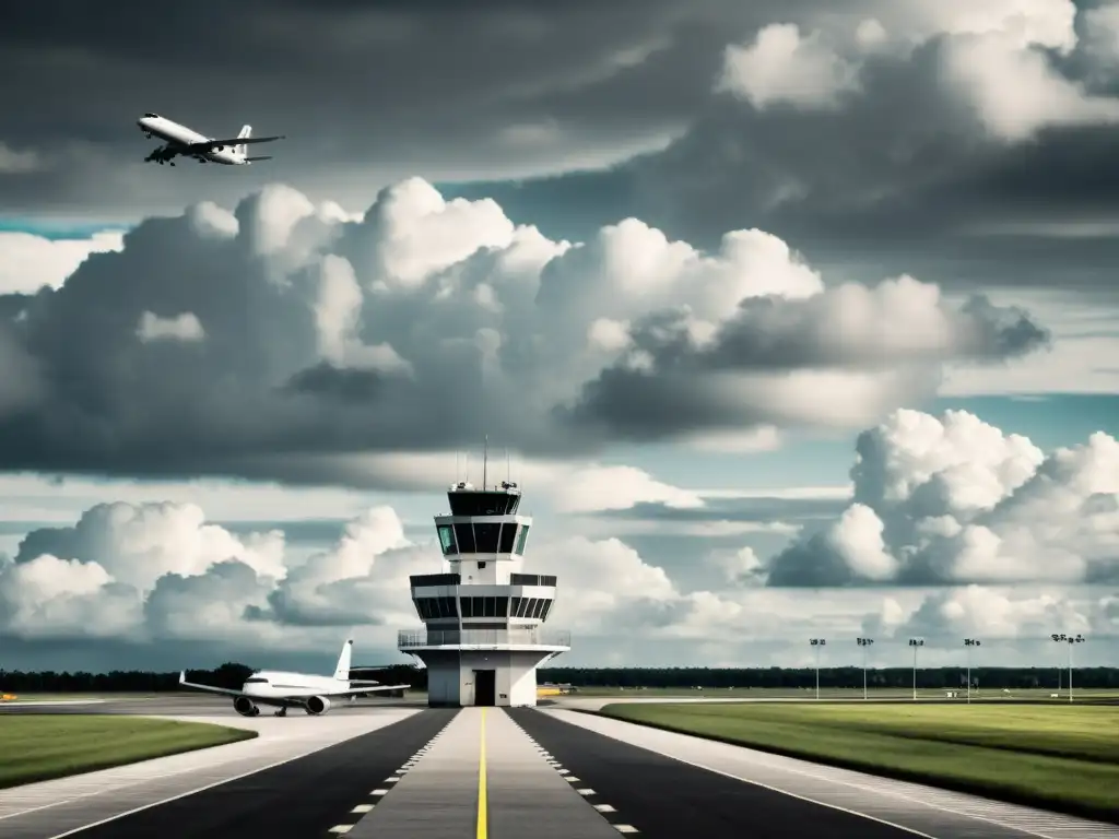 Una fotografía en blanco y negro de una torre de control en un aeropuerto, rodeada de equipos de radar, con aviones en la pista