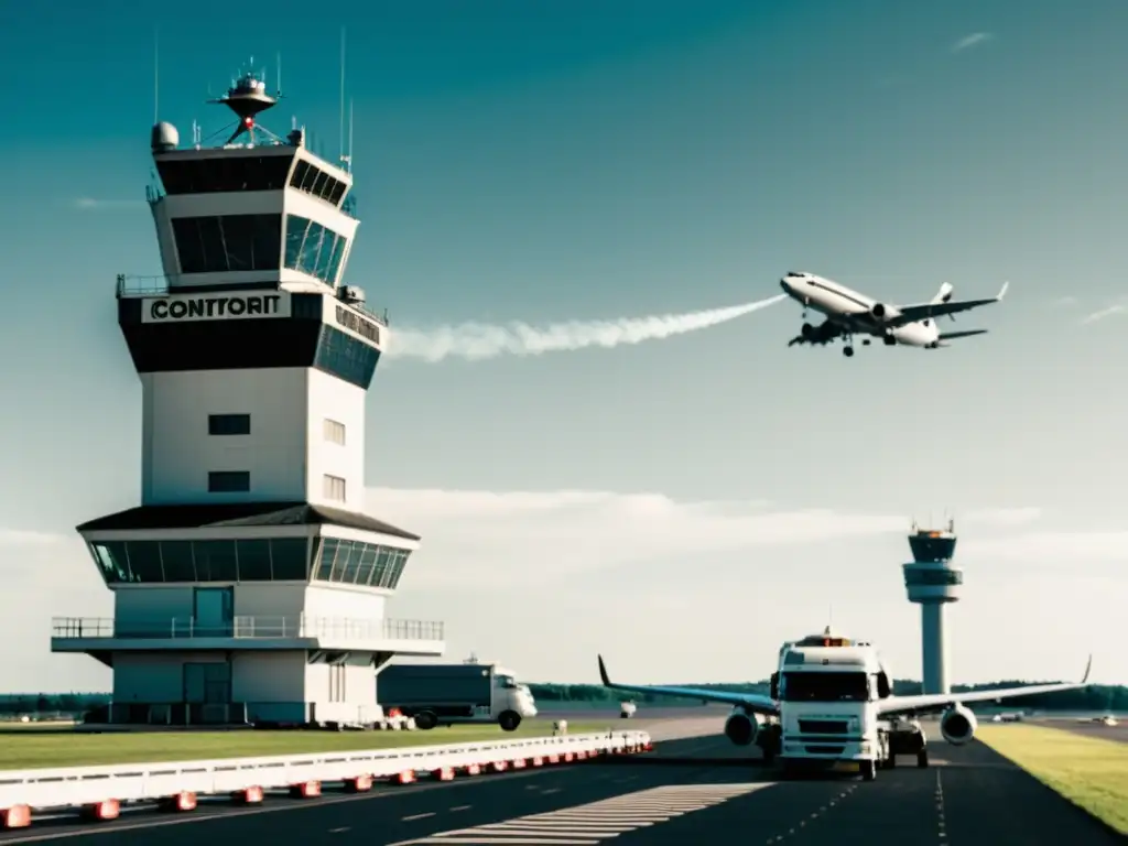 Una fotografía en blanco y negro de una torre de control en un aeropuerto, con aviones en la pista y personal coordinando el tráfico aéreo