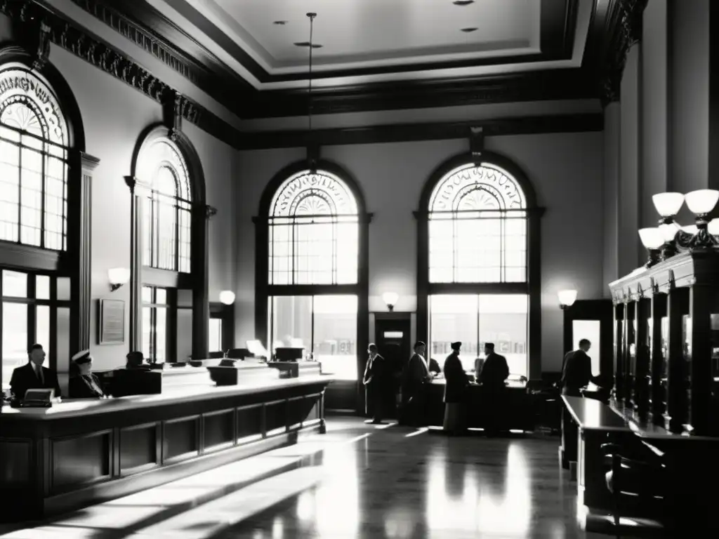 Una fotografía en blanco y negro vintage de un bullicioso interior bancario, con clientes en ventanillas, empleados ocupados y elegantes candelabros