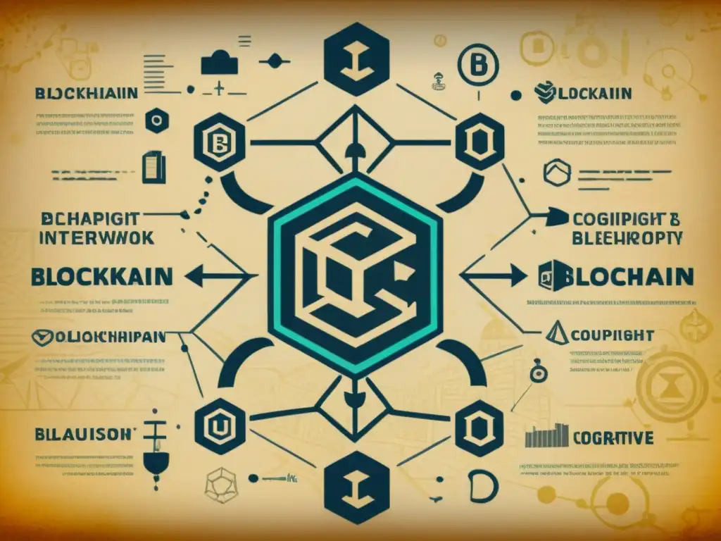 Blockchain y símbolos de propiedad intelectual en ilustración vintage de pergamino, protección mediante Blockchain