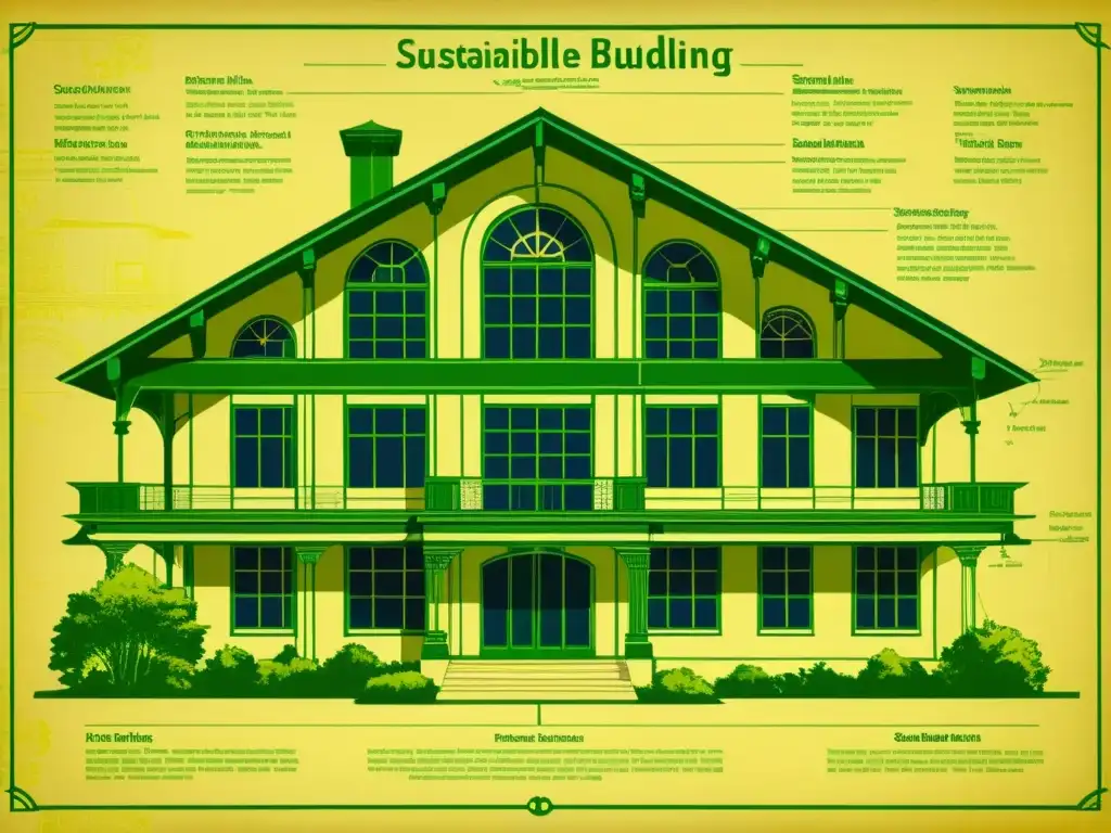 Blueprint vintage de arquitectura sostenible con detalles ecológicos y vegetación, evocando innovaciones en arquitectura sostenible