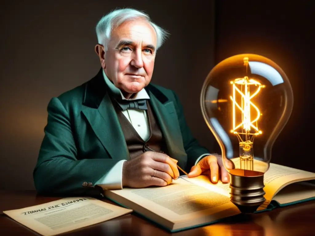 Thomas Edison sostiene una bombilla eléctrica brillante rodeado de instrumentos científicos y documentos históricos, con una expresión determinada en su rostro iluminado por la luz eléctrica