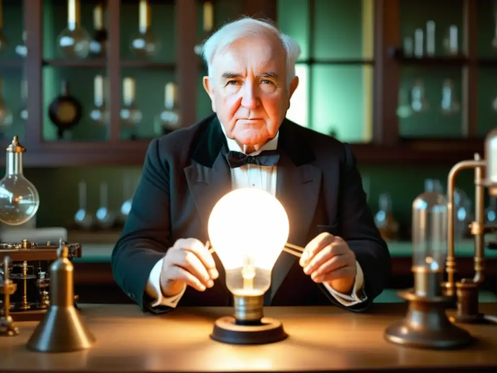 Thomas Edison examina la bombilla eléctrica en su laboratorio, rodeado de equipo científico