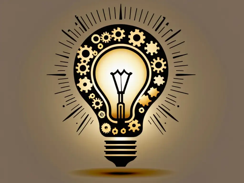 Una ilustración vintage de una bombilla con engranajes en su interior, simbolizando la propiedad intelectual en el sector tecnológico