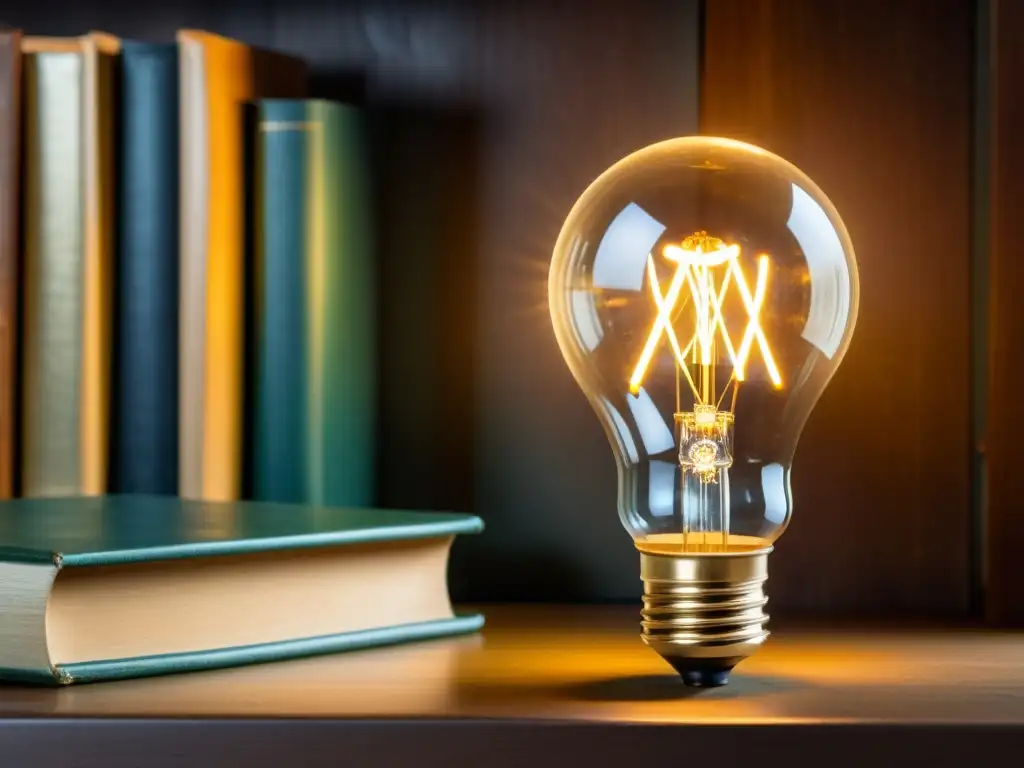 Una bombilla LED vintage ilumina libros antiguos y muebles, capturando la revolución histórica de la iluminación LED