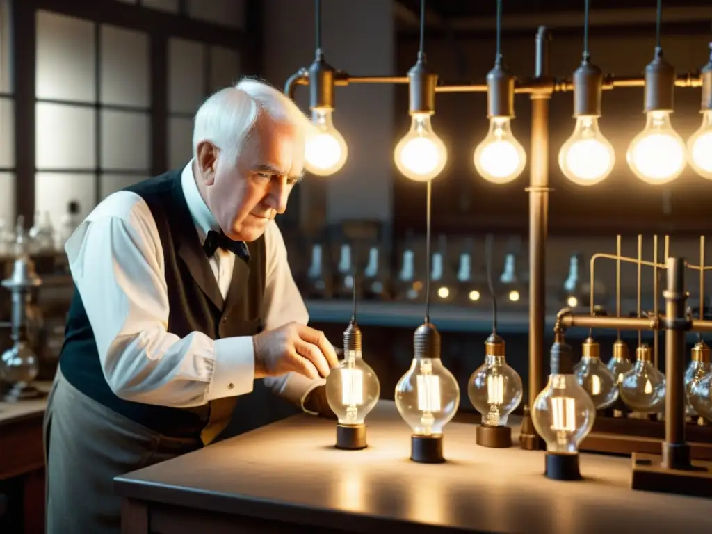 Thomas Edison, inventor de la bombilla, examina una luz con concentración en su laboratorio