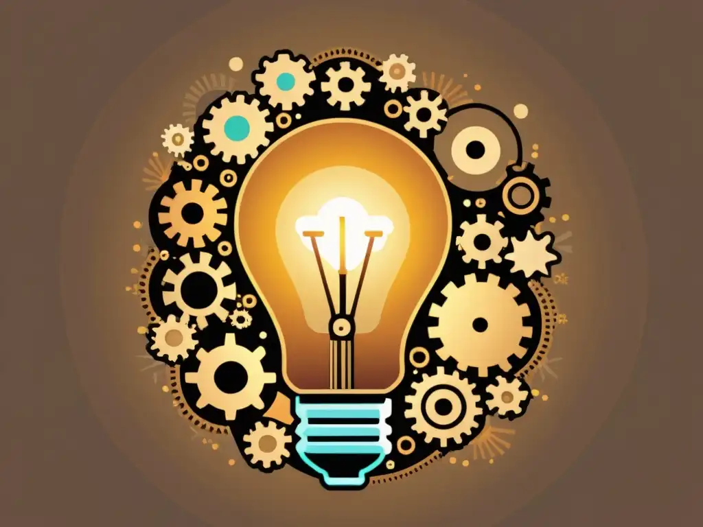 Una ilustración vintage de una bombilla rodeada de engranajes y circuitos, con detalles intrincados y una paleta de colores cálidos y suaves