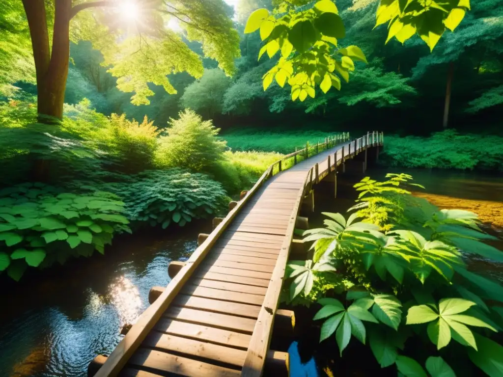 Un bosque exuberante con luz solar entre los árboles, un arroyo y un puente de madera