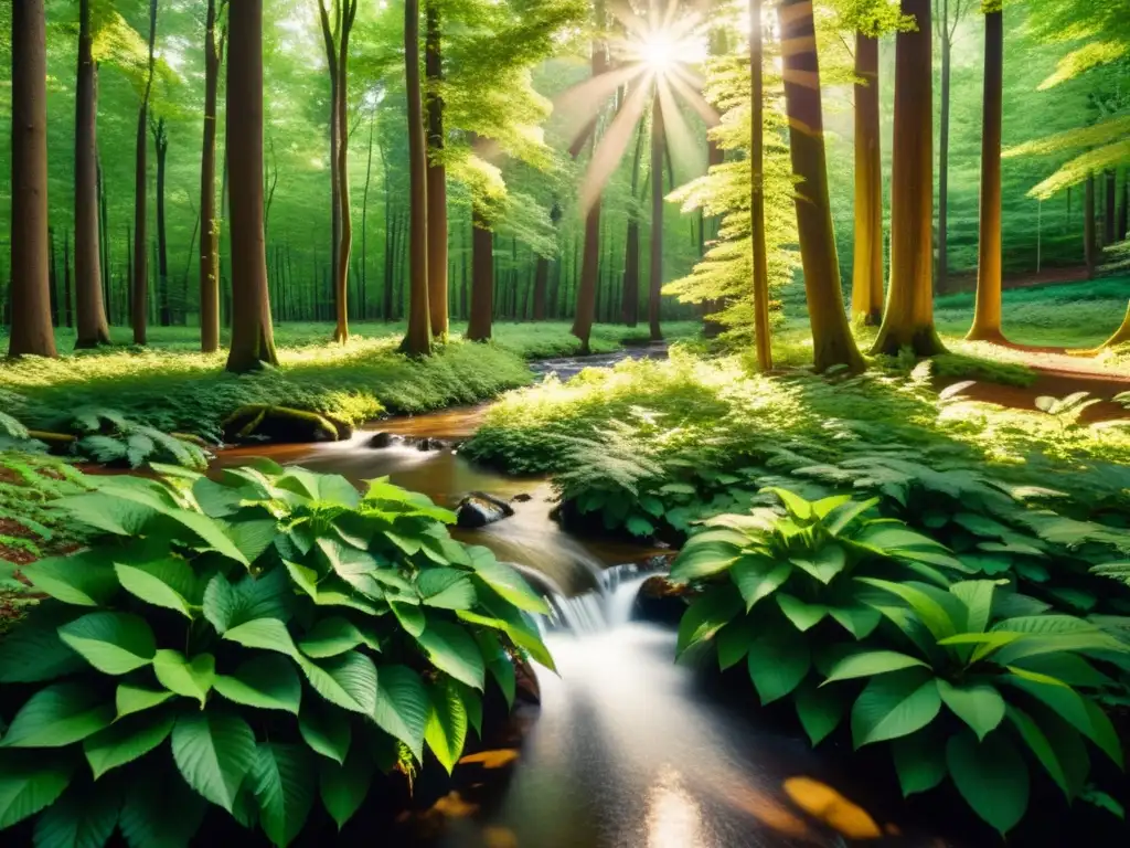 Un bosque exuberante y majestuoso con luz solar filtrándose entre las hojas, creando sombras moteadas en el suelo