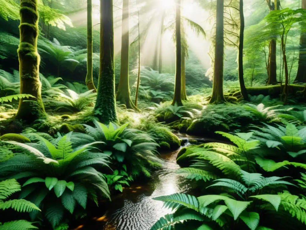 Un bosque exuberante con rayos de sol entre las frondosas copas de los árboles