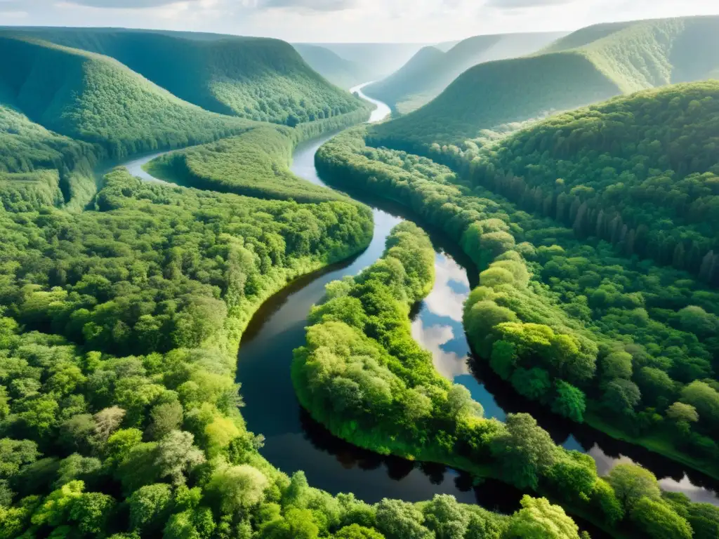 Un bosque exuberante y vibrante, con rayos de sol filtrándose a través del dosel, reflejando un ecosistema armonioso