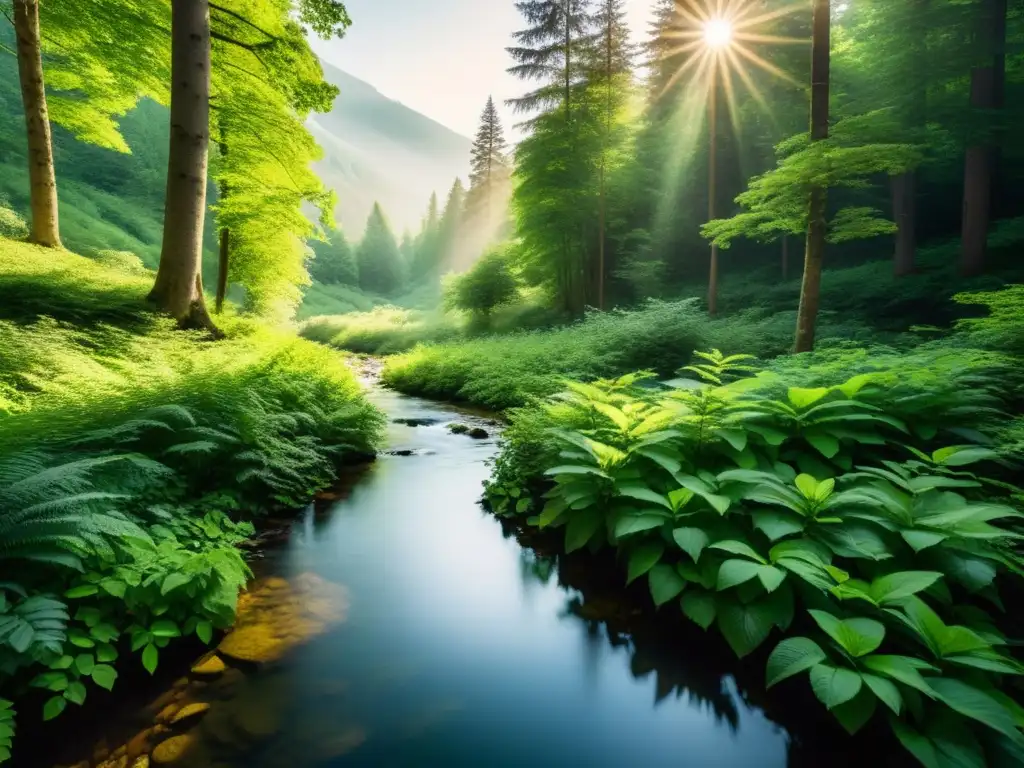 Un bosque sereno con luz filtrada entre la frondosa vegetación, reflejada en un arroyo