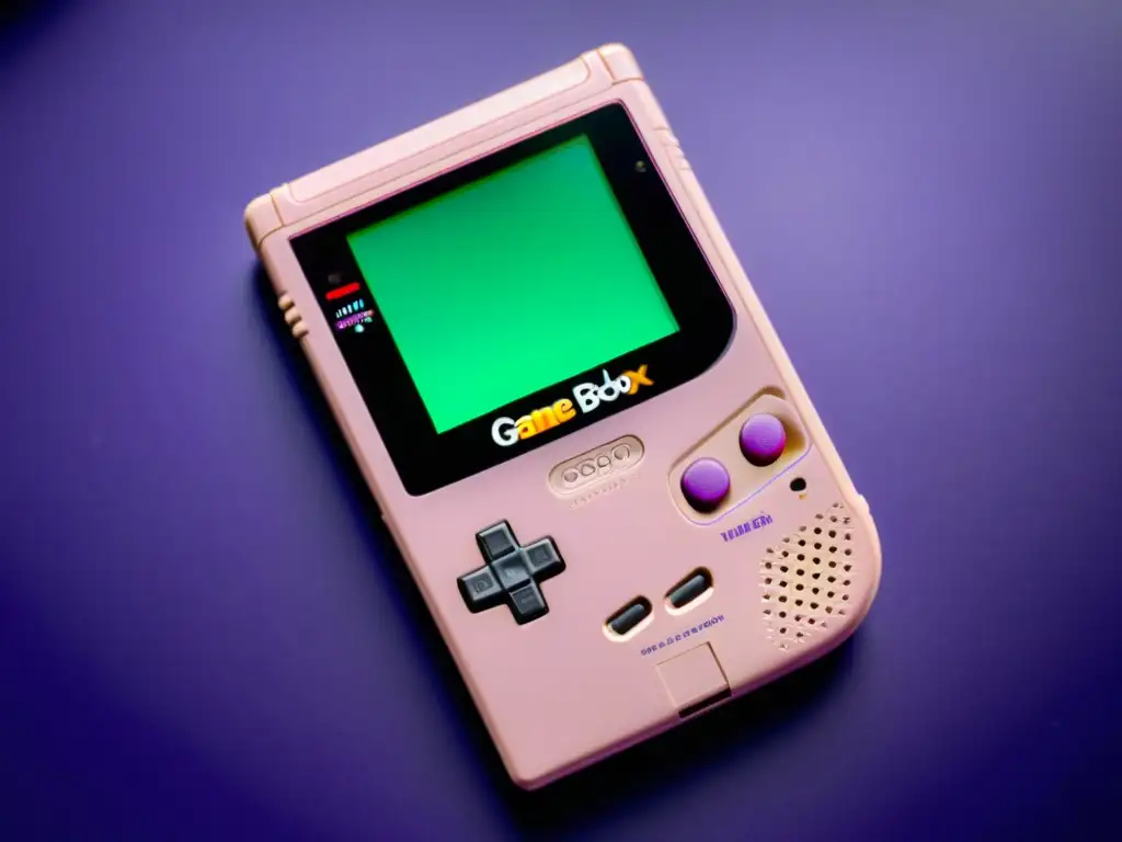 Una Game Boy Color vintage en perfecto estado, con su clásico estuche translúcido morado captando la luz para revelar la tecnología interna