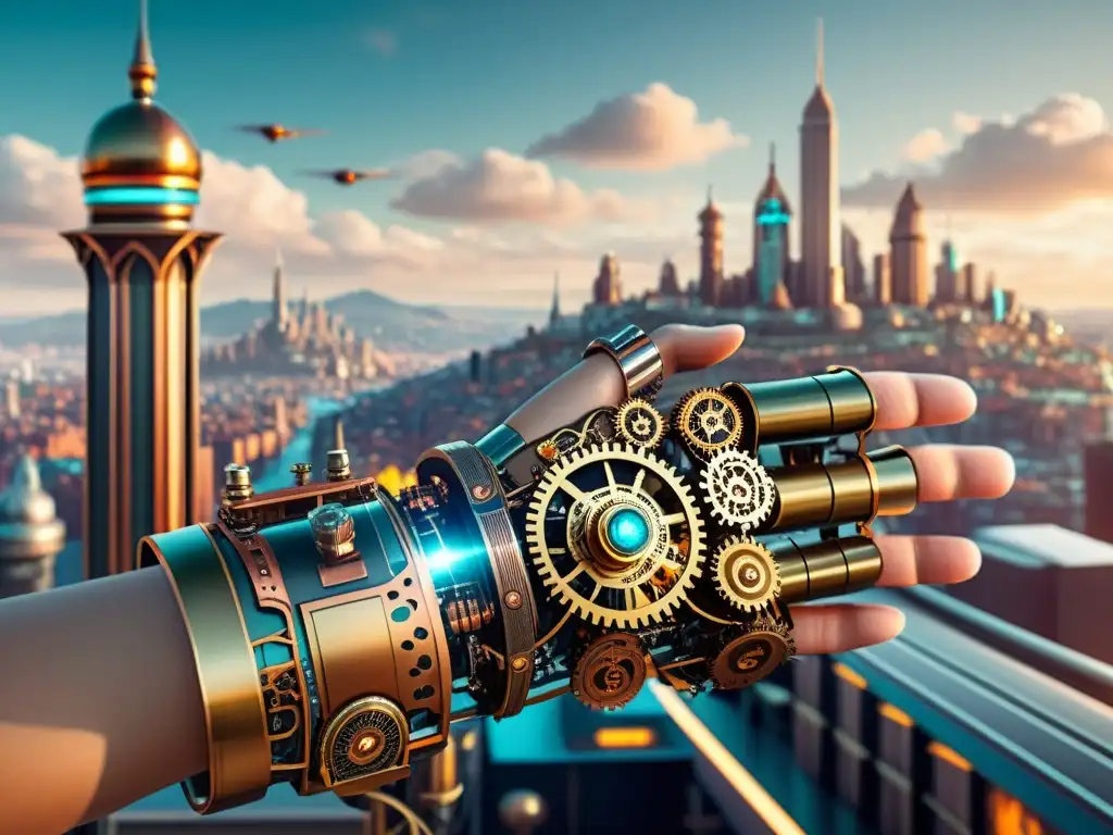 Un brazo biónico detallado en estilo steampunk frente a una ciudad futurista