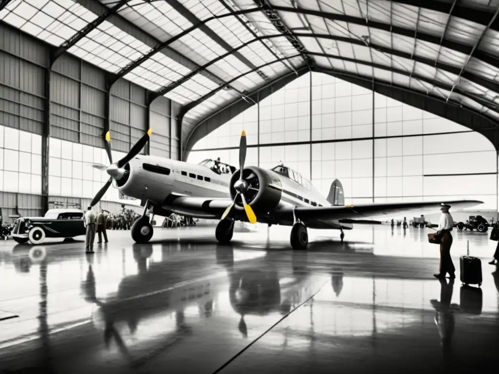 El bullicio de un hangar de aeropuerto antiguo, mecánicos trabajando en aviones antiguos y gente observando despegar un avión en un ambiente de los años 40