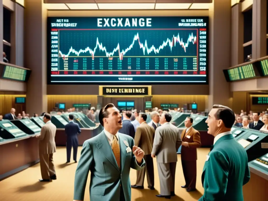 Ilustración vintage de la bulliciosa Bolsa de Valores en la década de 1940, con traders y máquinas de ticker tape