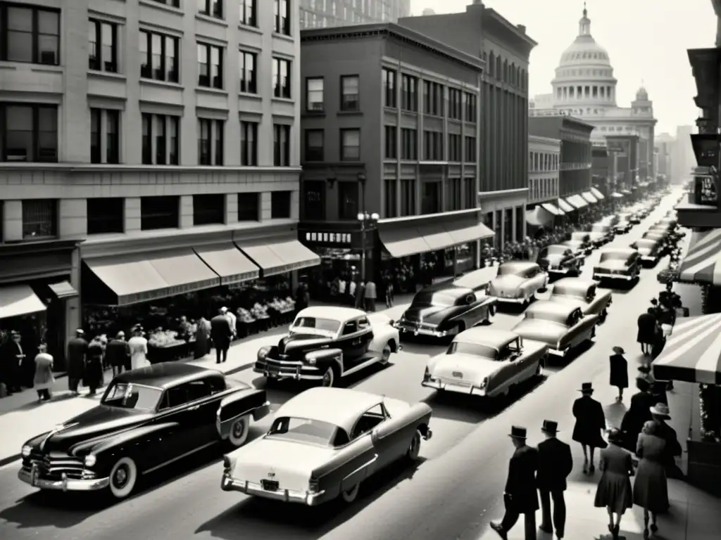 Una bulliciosa calle de la ciudad en sepia, con autos clásicos, peatones elegantes y comercios antiguos