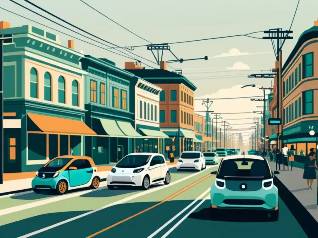 ilustración vintage de una bulliciosa calle de la ciudad con coches eléctricos antiguos y modernos, mostrando el impacto de los vehículos eléctricos en la estabilidad energética urbana