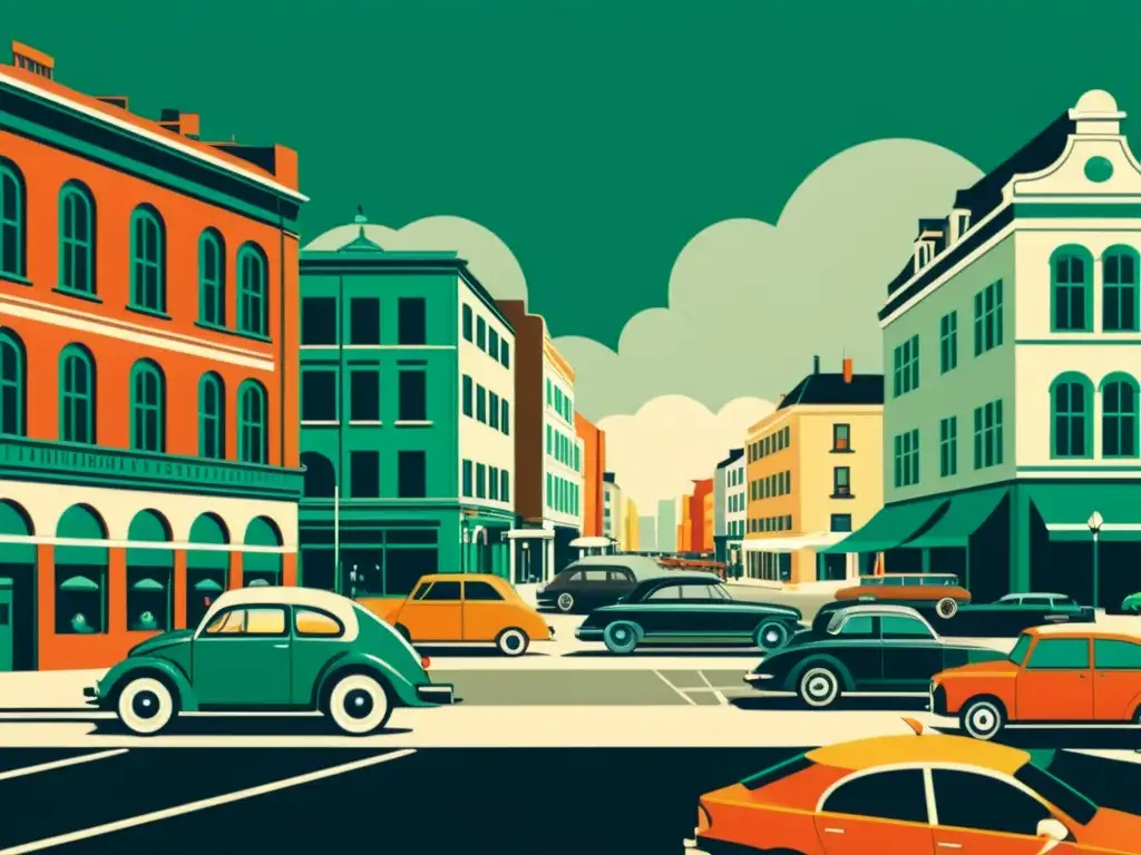 Una ilustración vintage de una bulliciosa calle de la ciudad muestra la diferencia entre híbridos y eléctricos en un paisaje de transporte antiguo y moderno