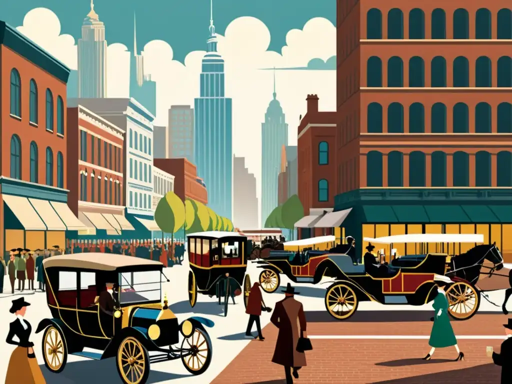 Una ilustración vintage de una bulliciosa calle de la ciudad con edificios antiguos, gente de diversas culturas y un impacto criptomonedas economía global