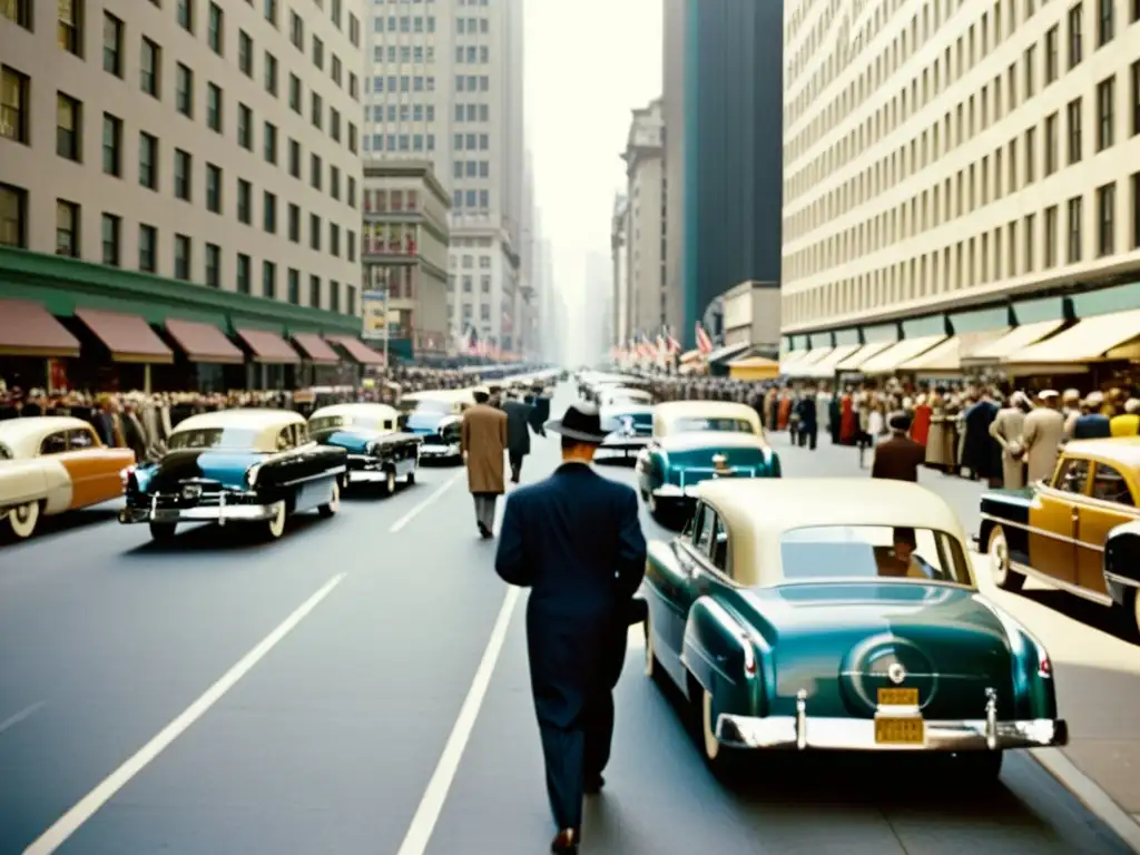 Una fotografía vintage de una bulliciosa calle de la ciudad en la era de la revolución digital, con edificios altos y coches antiguos estacionados