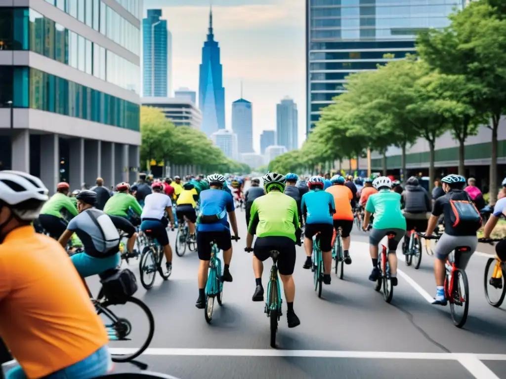 Una bulliciosa calle de la ciudad llena de ciclistas que se desplazan al trabajo, capturando la energía vibrante de la comunidad ciclista