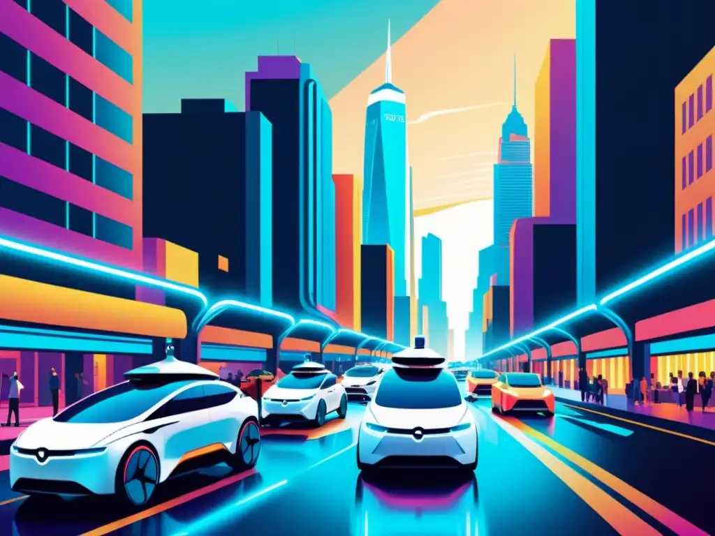 Una ilustración vintage de una bulliciosa calle de la ciudad llena de vehículos eléctricos autónomos futuristas en colores vibrantes, iluminando la escena con un brillo suave y futurista