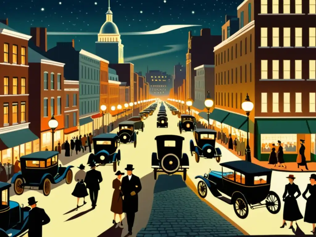 Una ilustración vintage de una bulliciosa calle de la ciudad de noche, con faroles eléctricos que proyectan una cálida luz sobre el adoquinado