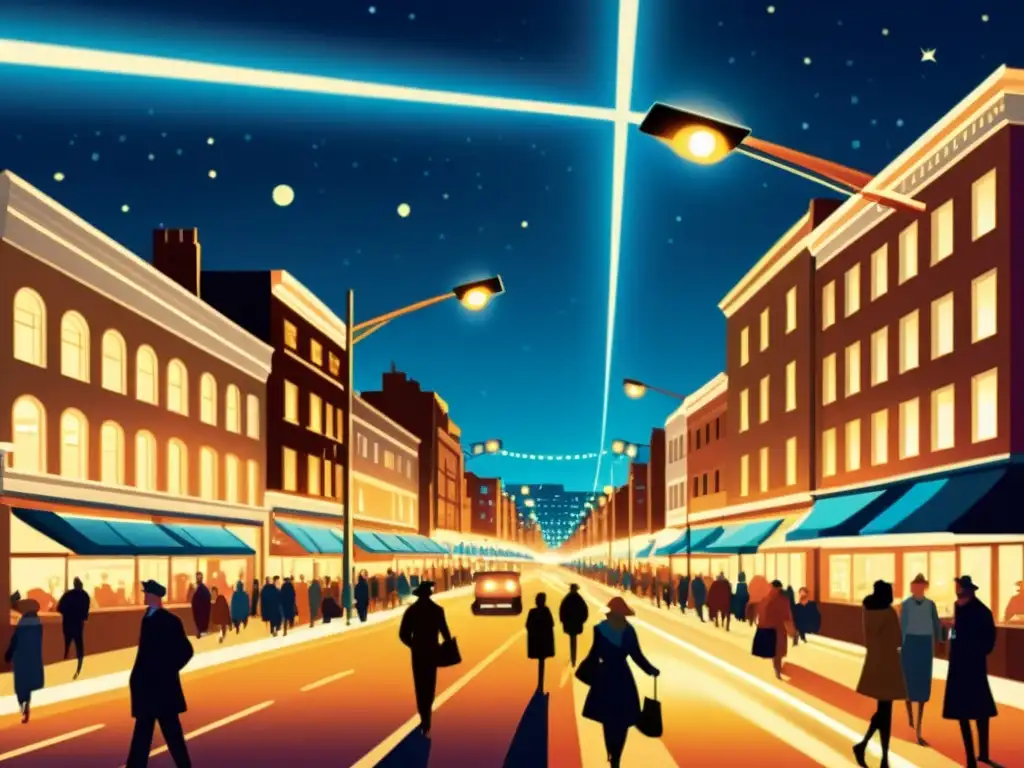 Una ilustración vintage de una bulliciosa calle de la ciudad de noche, con farolas eléctricas iluminando los edificios y la actividad frenética