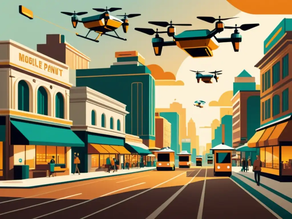 Una ilustración vintage de una bulliciosa calle de la ciudad, con quioscos de pago móvil antiguos y drones futuristas entregando paquetes