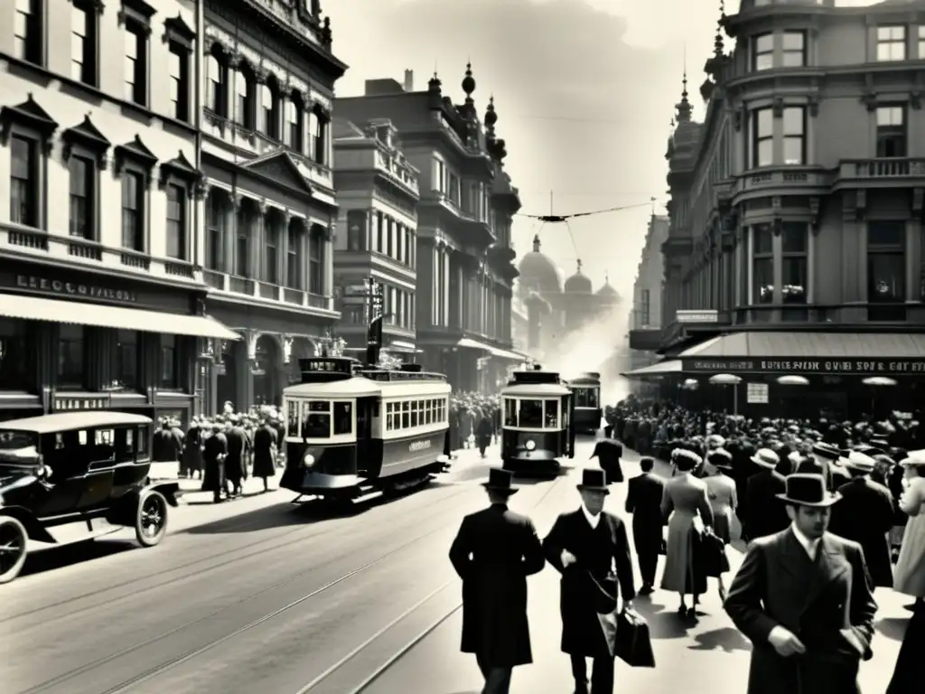 Una bulliciosa calle de la ciudad del siglo XX con tranvías antiguos y edificios ornamentados