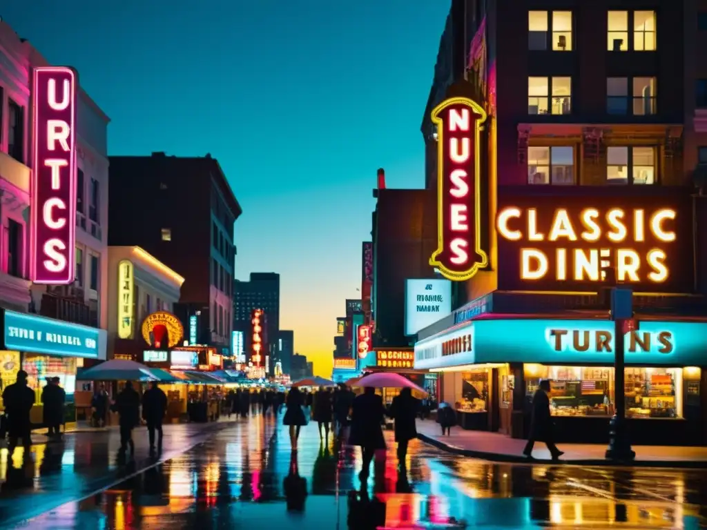 Una bulliciosa calle nocturna de la ciudad con letreros de neón, reflejos vibrantes en el pavimento mojado