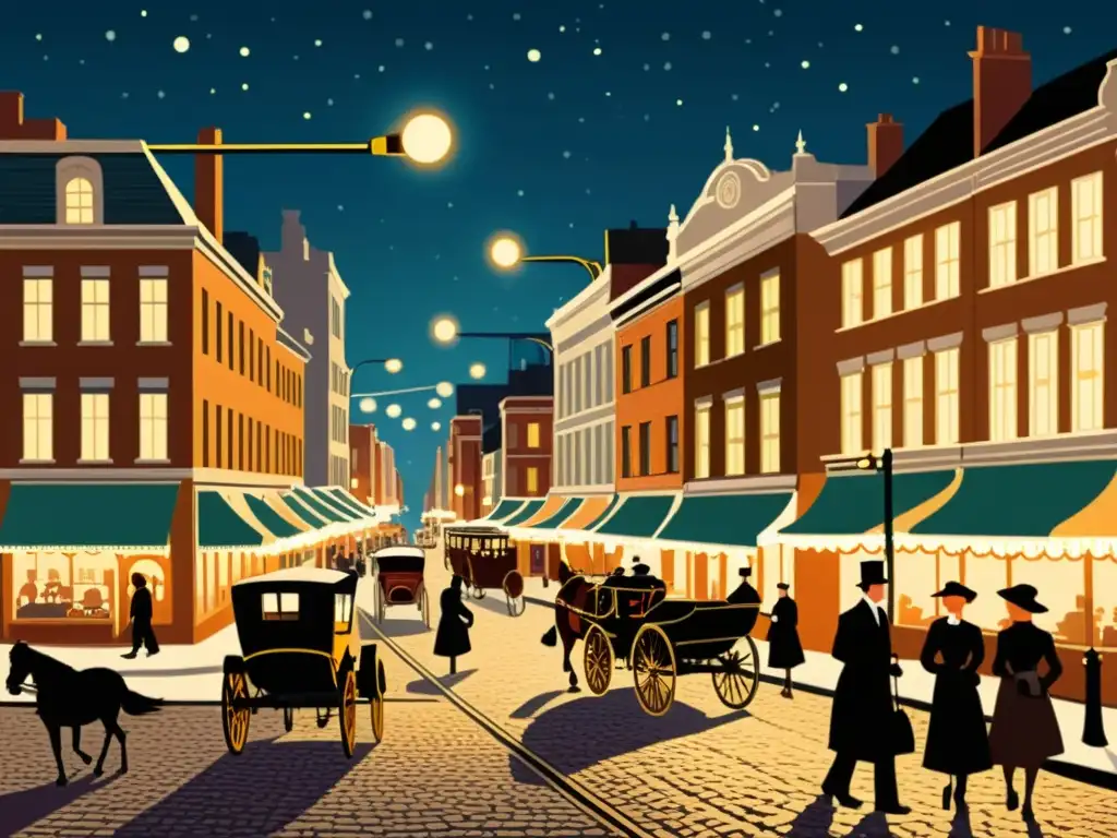 Una ilustración vintage de una bulliciosa calle nocturna, con farolas eléctricas iluminando la escena y creando una atmósfera nostálgica