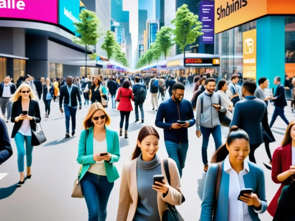 Una bulliciosa calle urbana llena de gente interactuando, mostrando el impacto de los smartphones en la interacción social