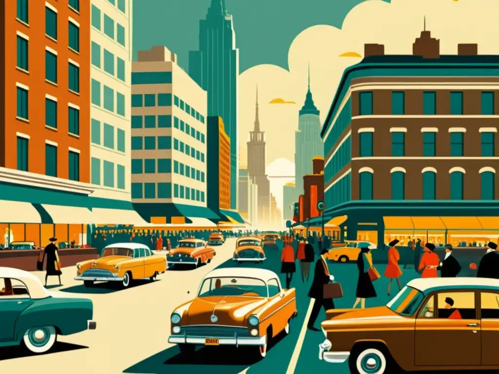Una ilustración vintage de una bulliciosa ciudad, con edificios imponentes, calles llenas de autos retro y peatones