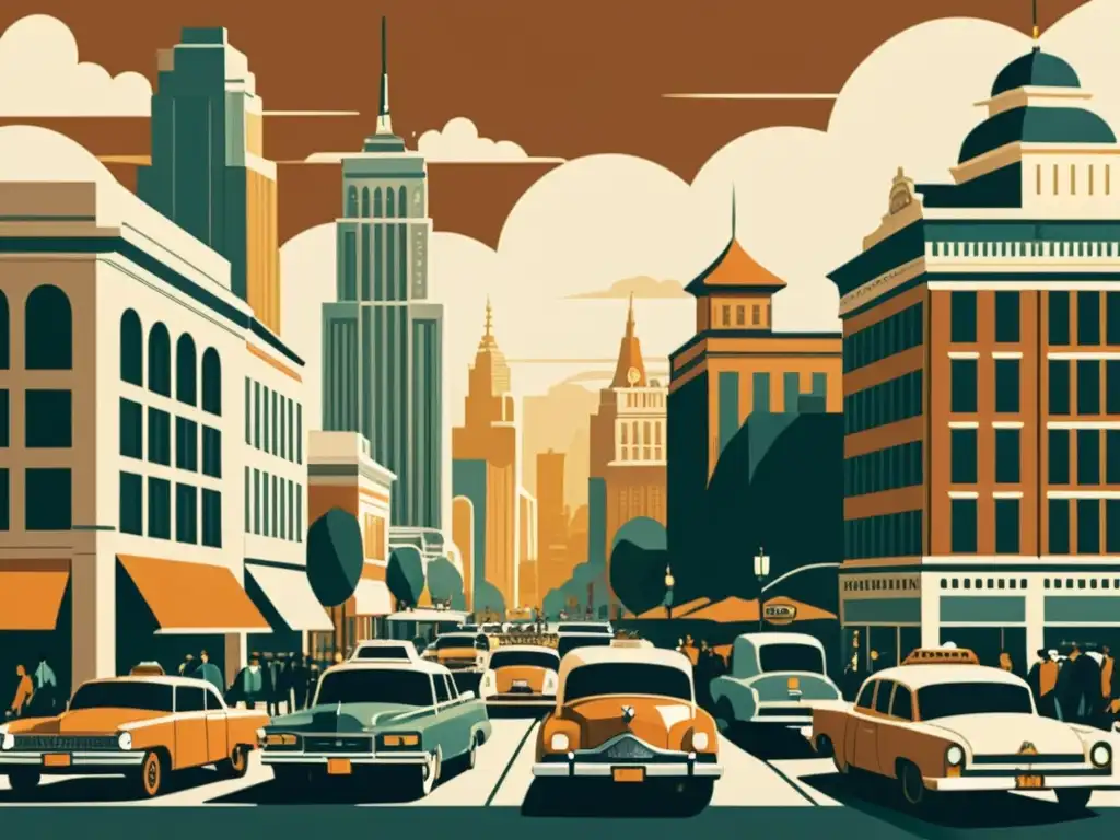 Una ilustración vintage de una bulliciosa ciudad, con edificios ornamentados y personas en atuendo clásico, evocando nostalgia y modernidad con startups tecnológicas transformando el empleo