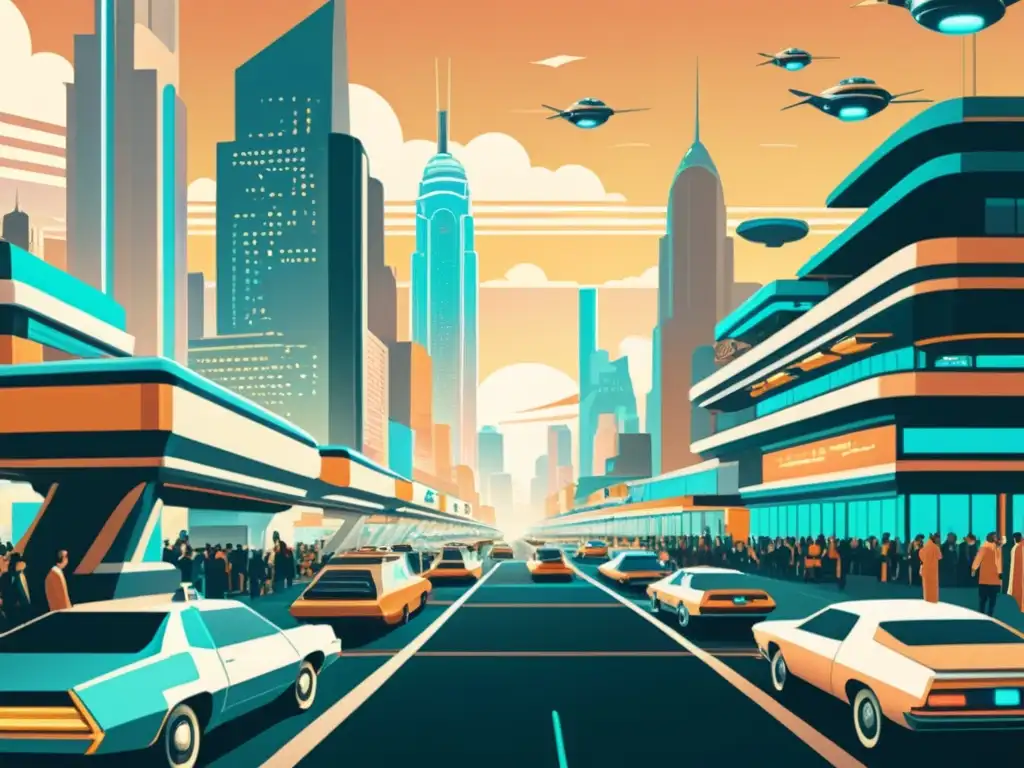 Una ilustración vintage de una bulliciosa ciudad con elementos futuristas integrados, como autos voladores, vallas publicitarias holográficas y arquitectura moderna