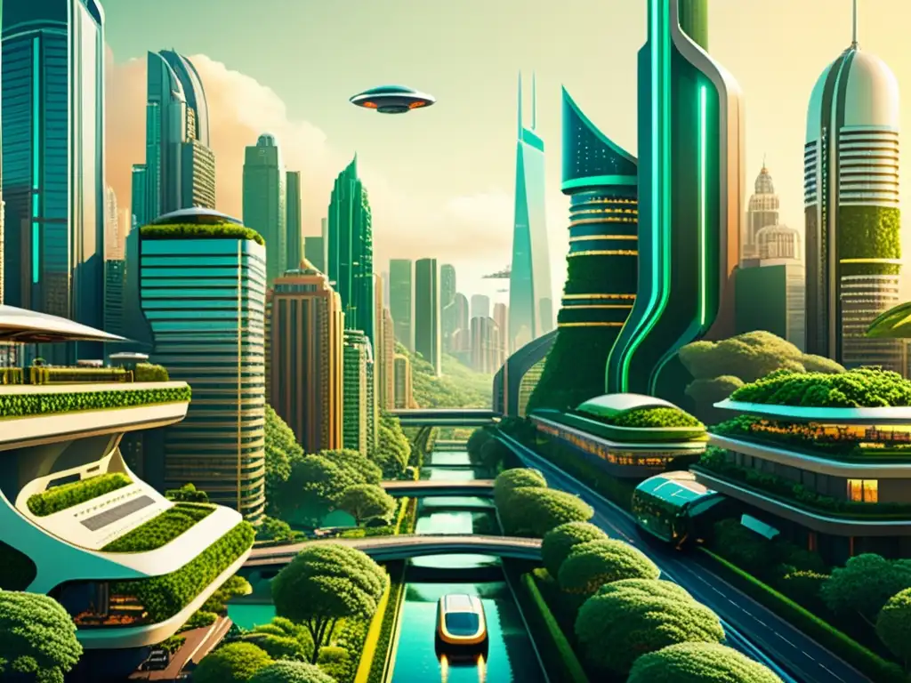 Una ilustración vintage de una bulliciosa ciudad futurista, donde rascacielos avanzados y vehículos voladores coexisten con vegetación exuberante e infraestructura sostenible