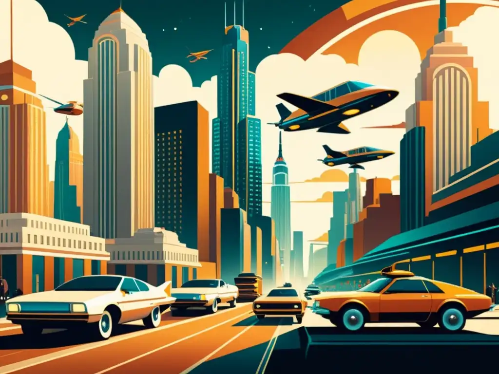 Una ilustración vintage de una bulliciosa ciudad futurista transformada por el impacto de las computadoras cuánticas