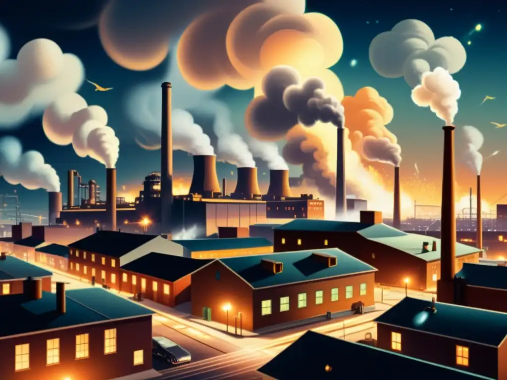 Una ilustración vintage de una bulliciosa ciudad industrial de noche, con luces eléctricas iluminando calles y edificios