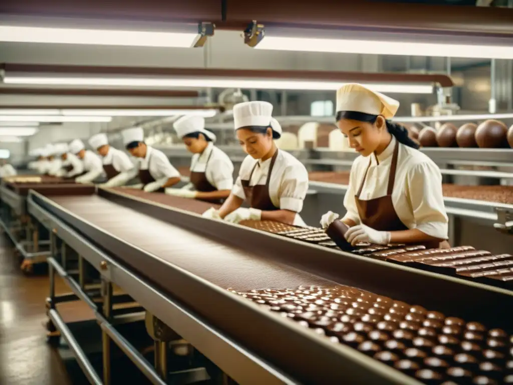 Una fotografía vintage de una bulliciosa fábrica de chocolate, fusionando artesanía tradicional y evolución tecnológica del chocolate