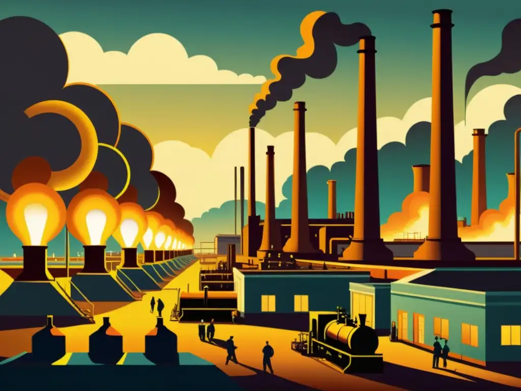 Una ilustración vintage de una bulliciosa fábrica industrial iluminada por lámparas de gas